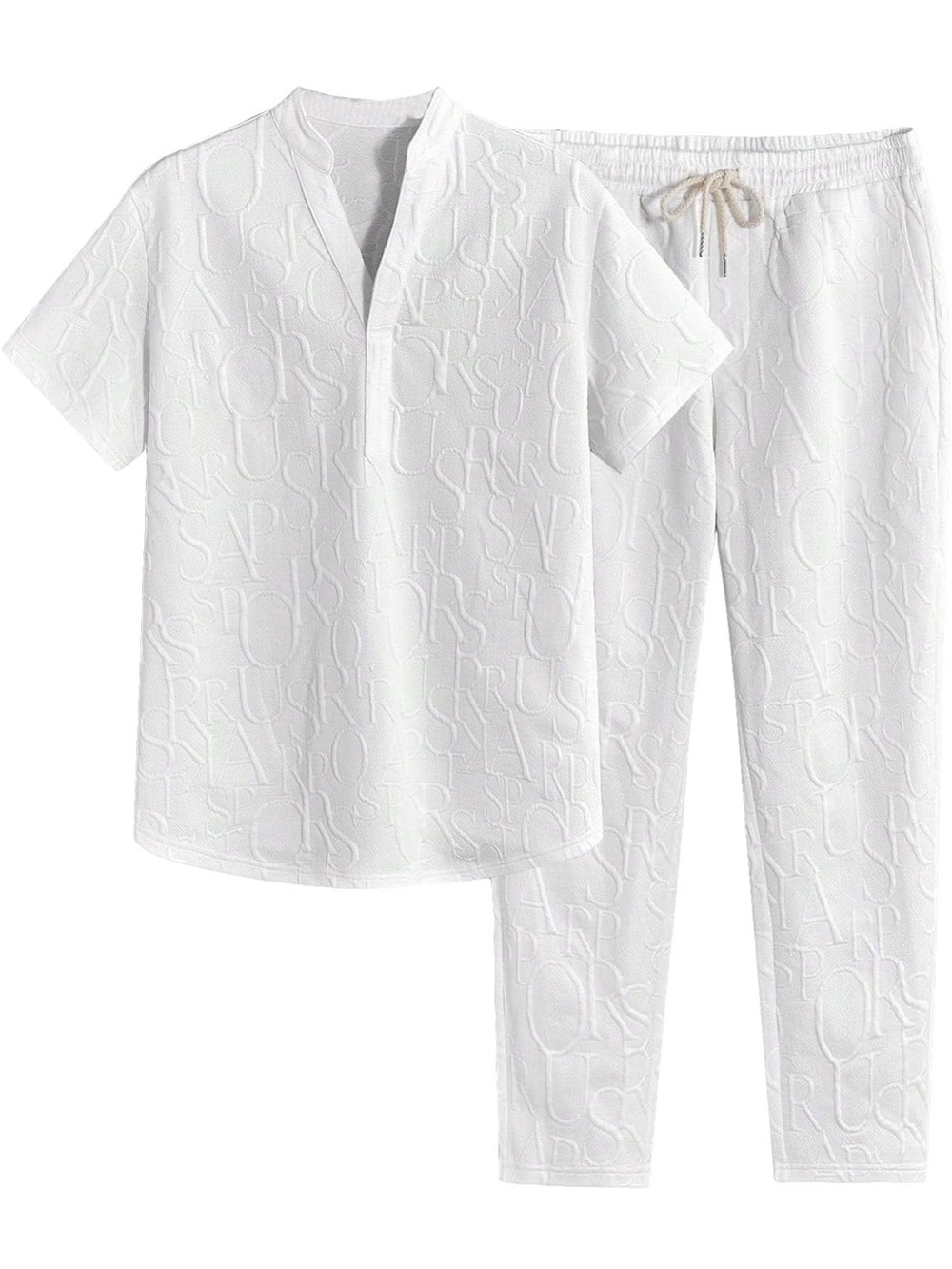 Men's White Relaxed Suit Set - Short Sleeve Top & Drawstring Trousers